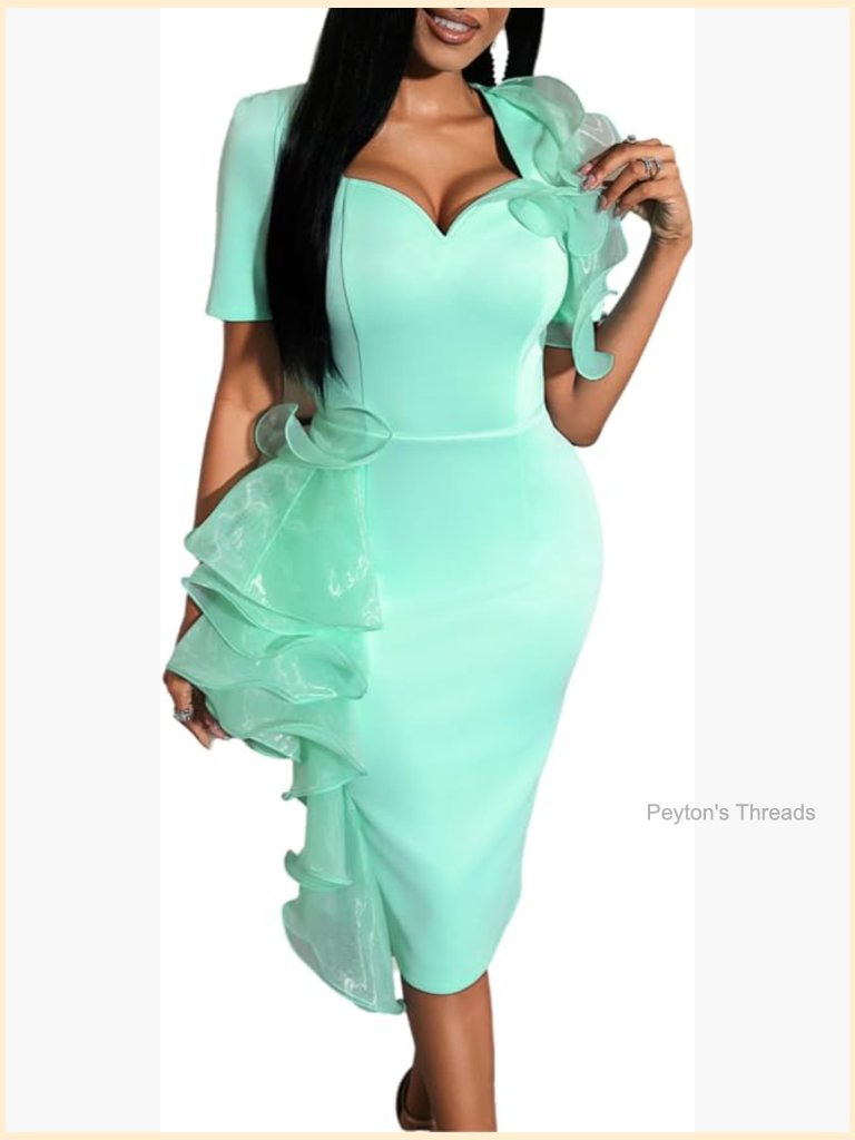 Women Sweetheart Neck Short Sleeve Organza Tiered Ruffles Midi Dress Cocktail